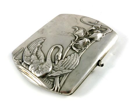 An Art Nouveau silver cigarette case, embossed with a swan and iris on a lake, green cabochon push button and gilt interior, 