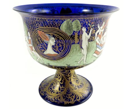 A 15th century style Venetian glass Barovier marriage cup, pedestal bowl form, enamelled and gilt on blue body, depicting two