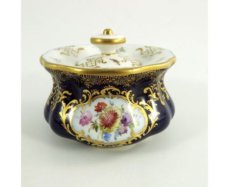 A Meissen topographical inkwell, circa 1880, painted with scene of Der Brand and flowers within a cobalt blue and gilt border
