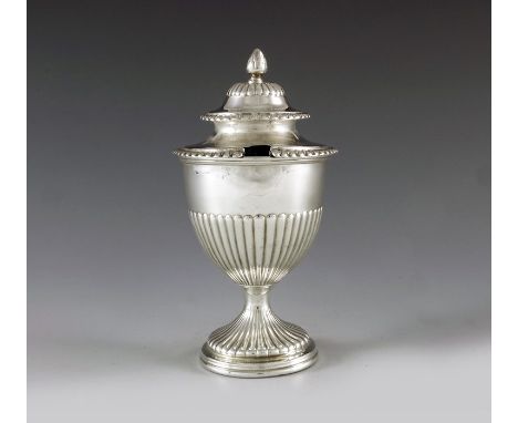 Robert Hennell II, London 1828, a George IV silver vase shape mustard pot with half fluted body and pedestal decoration, the 