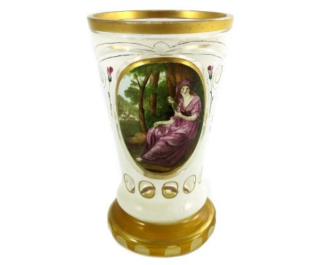 A Bohemian cased and enamelled glass beaker vase, 19th century, with central Classical portrait plaque, highlighted in gilt, 