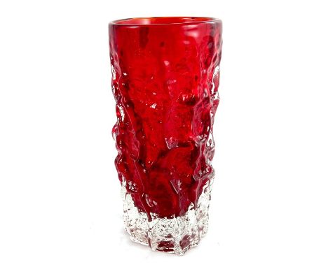 Geoffrey Baxter for Whitefriars, a Ruby red bark effect glass vase, model 9689, cylindrical form, paper sticker, 16cm high