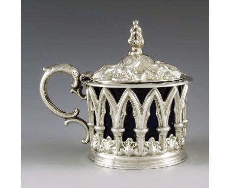 Henry Wilkinson and Co., Sheffield 1839, a Victorian silver mustard pot, cylindrical form, die stamped in the Gothic Revival 