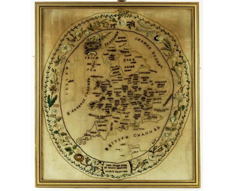 A George IV needlework sampler, depicting a map of the counties of England and Wales, Mary Pearson, ages 13, 1828, within a f