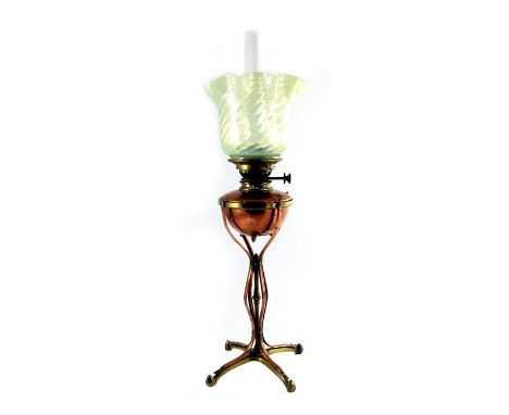 W A S Benson, an Arts and Crafts copper and brass oil table lamp with optic moulded straw opal glass shade, model 224, turned