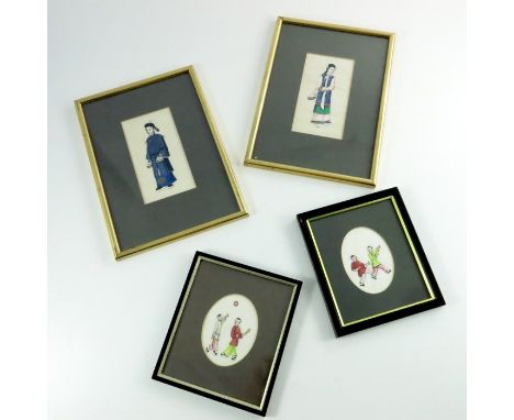 Two pairs of Chinese watercolours on rice paper, including Mandarin and woman, and two pairs of boys playing, 16cm x 8.5cm, f