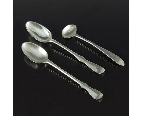 Three George III Scottish Provincial silver spoons, James Douglas, Dundee circa 1800, salt spoon, David Warnock, Glasgow circ