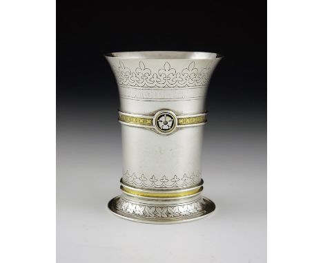 A W N Pugin, a Gothic Revival silver, gilt and enamel drinking cup or beaker, John Hardman and Co., Birmingham 1848, flared c