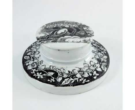 A Prattware black and white printed inkwell, Dragoon Charge, Balaklava, screw lid, 10.5cm diameter