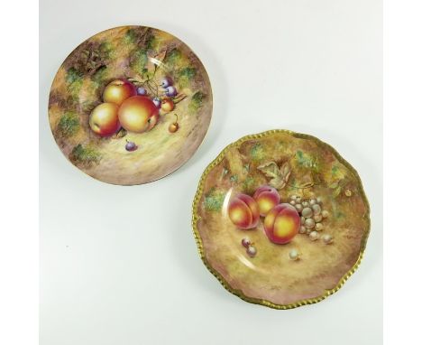 Sibley Lewis for Royal Worcester, a fruit painted plate, together with another, peaches, apples, grapes and cherries, both si