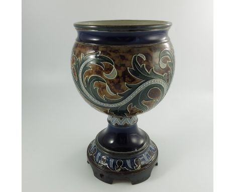 A Doulton Lambeth stoneware jardinière or planter, circa 1890, in the style of Mark V Marshall, pedestal ovoid form, decorate