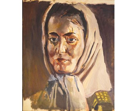 British School (20th century), Portrait of a Woman with a Headscarf, oil on paper, unsigned, 60cm x 50cm, framed