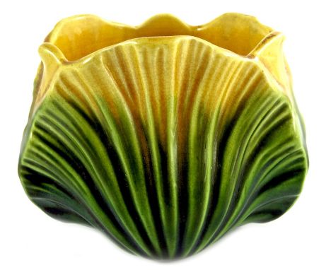 Christopher Dresser for Ault, an Art Pottery vase, circa 1892, relief moulded shells to each side, yellow and green majolica 