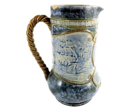 A Royal Doulton stoneware Nelson jug, circa 1905, bulbous form, relief moulded with portrait plaque and battle scenes within 