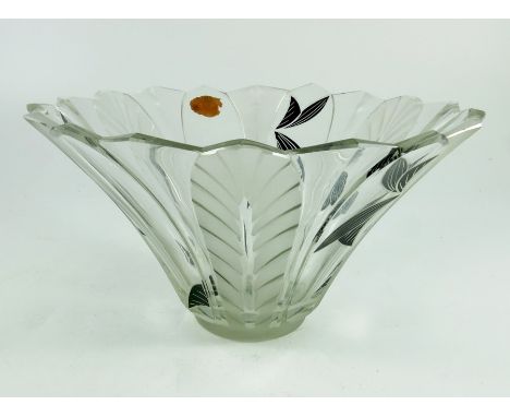 An Art Deco frosted and enamelled cut glass bowl, flared form, alternating lappets of black enamel leaves and fern fronds, in