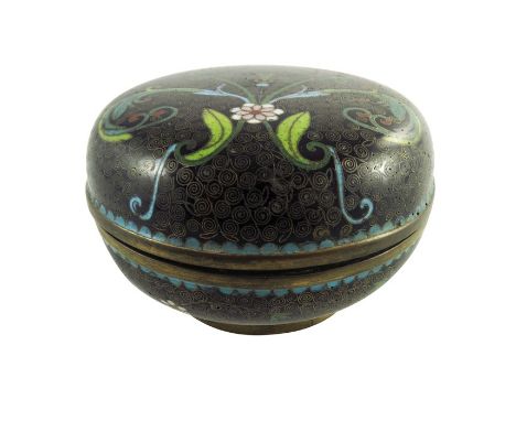 A Chinese cloisonné enamelled box and cover, 19th century, squat ovoid form, the lid decorated with a stylised flowering plan