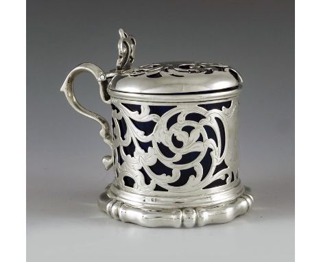 Henry Wilkinson and Co., Sheffield 1840, a Victorian silver mustard pot, cylindrical form, reticulated and etched with foliat