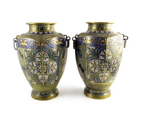 A pair of Chinese champleve enamelled vases, square section shouldered form with ring handles, decorated with floral and ruyi
