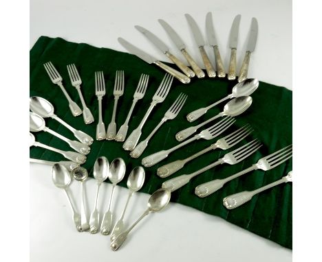 A part matched canteen of Victorian and later silver flatware and knives, various dates and markers, Fiddle, Thread and Shell