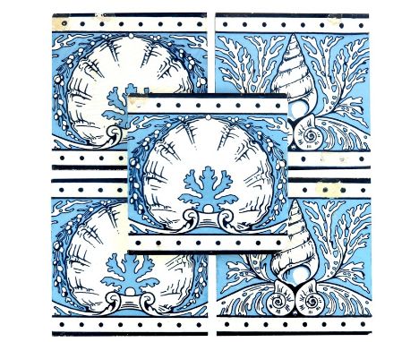 A Minton Aesthetic Movement five tile border, printed with shells and seaweed, 20.5cm square (5)