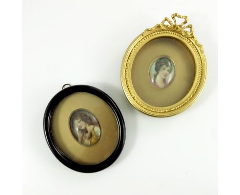 Leslie Johnson for Royal Doulton, two painted portrait plaques, of 18th century women, signed, 5cm x 4cm, framed (2)
