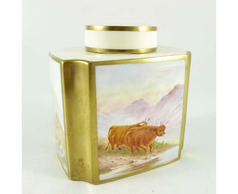 E R Booth, a Worcester painted tea caddy, Highland Cattle, cuboid form, ERB marks, 13.5cm high