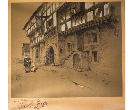 Cecil Aldin (1870-1935), George Inn, at Norton St. Philip, Somerset, print, signed in pencil and addressed to 'to SB Russell'