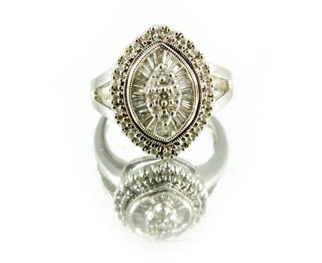 A 14 carat white gold and diamond cluster ring, lozenge form with baguette and rose cut stones, approx size L