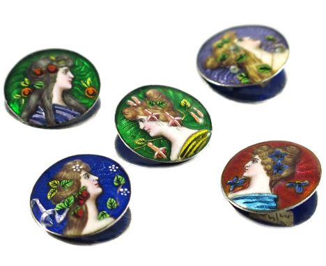 A set of five Art Nouveau enamelled buttons, each with an allegorical portrait of a woman with fruiting and flowering plants,