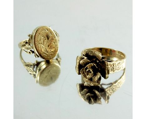 A 9 carat gold locket ring and a 9 carat gold floral ring, approx. size J and J 1/2, 6.2g
