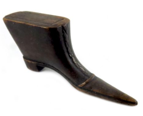 A 19th century novelty snuff box in the form of a shoe, carved wood, with slide lid, 8cm long