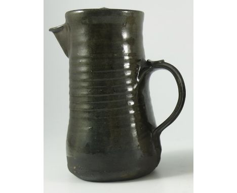 Michael Cardew for St Ives, a Leach studio pottery coffee pot, circa 1925, ash burnt and green glazed tapered cylindrical for