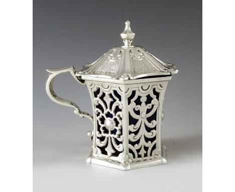 Henry Wilkinson and Co., Sheffield 1847, a Victorian silver mustard pot, Chinoiserie hexagonal section waisted form, reticula