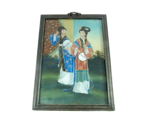 Pair of Chinese reverse glass paintings, court figures and portrait,  48 x 34 cm