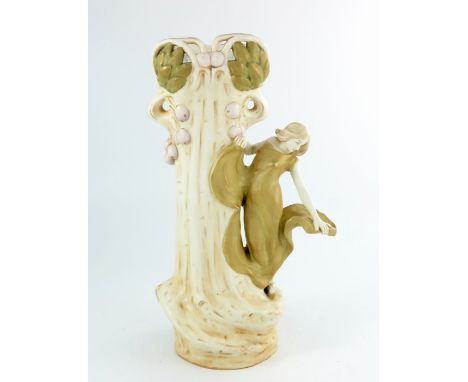 Enst Wahliss, a Royal Vienna figural vase, modelled as a woman standing next to a trunk, 42cm high