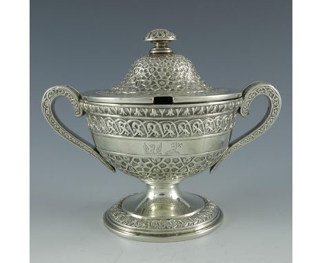 John Mortimer and John Samuel Hunt, London 1839, a Victorian silver mustard pot, twin handled pedestal urn form, embossed in 