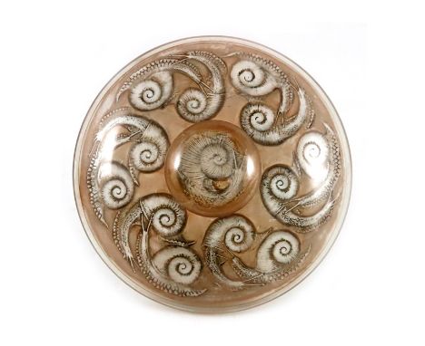 Rene Lalique, an Escargot glass inkwell, model 433, designed circa 1920, sepia stained, etched mark Lalique, 16.5cm diameter