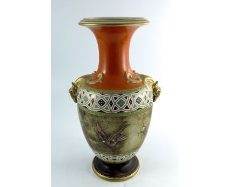 A large Prattware twin handled pedestal vase, shouldered form, decorated with humming birds between Celtic Gothic revival bor