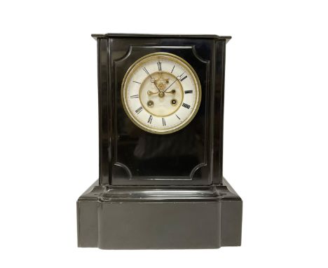 French - late 19th century 8-day mantle clock in a polished Belgium slate case, with a flat top and break front case on a dee