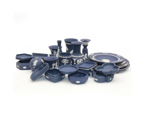 Wedgwood dark blue Jasperware, including candlestick, vases, trinket tray, covered trinket boxes etc 
