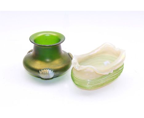 Two Austrian Art Nouveau Kralik iridescent glass vases, to include a green example of bellied baluster form with tri-claw dec