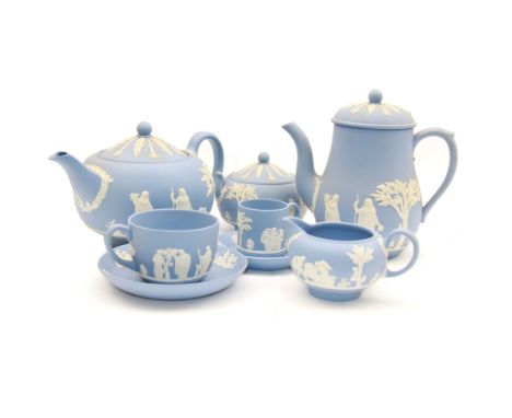 Wedgwood Jasperware tea and coffee wares, comprising teapot, coffee pot, milk jug, covered sucrier, coffee can and saucer and