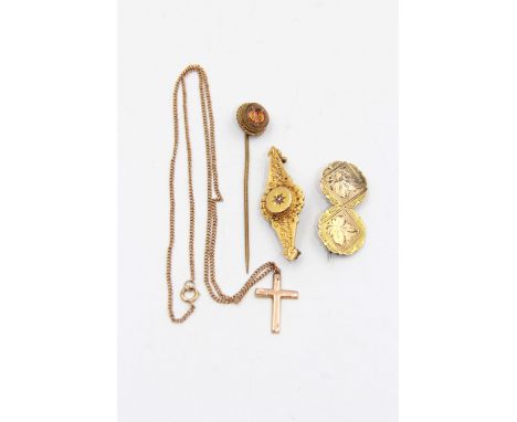 9ct rose gold cross pendant necklace and a 9ct gold sweetheart brooch with leaf decoration, together with a 15ct gold front a