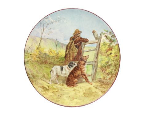 Worcester Porcelain Works ceramic charger, hand painted with a figure and two dogs in a rural landscape, with impressed and p