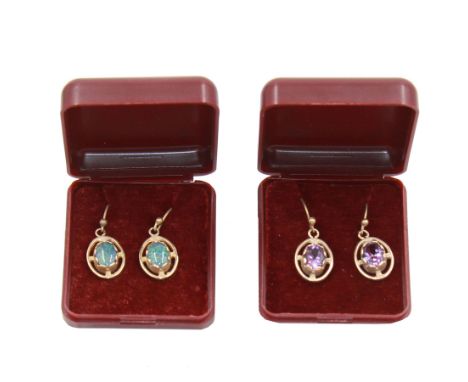 Pair of 9ct gold opaltriplet pendant earrings, together with a similar pair of 9ct gold amethyst pendant earrings, both stamp