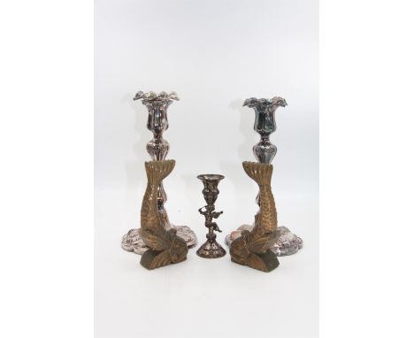 Continental silver mounted candlestick with Putto playing the violin, stamped 830, together with pair of silver plated candle