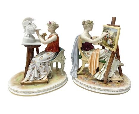 Pair of late 19th/early 20th century Naples figures modelled engaged in the arts, the first example modelled as a female figu