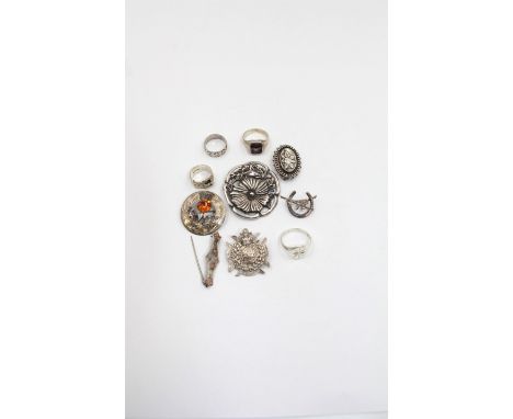 Victorian and later silver jewellery, including embossed buckle ring, Scottish silver thistle brooch, signet ring etcConditio