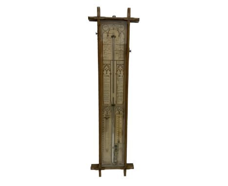 Admiral Fitzroy - Early 20th century Fitzroy barometer in a glazed gothic influenced oak case with chamfered uprights and top