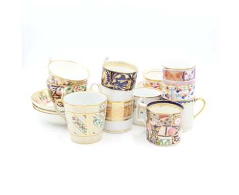 19th century tea wares, to include pair of Derby tea cups and saucers decorated in green, red and gilt foliate swags, each wi